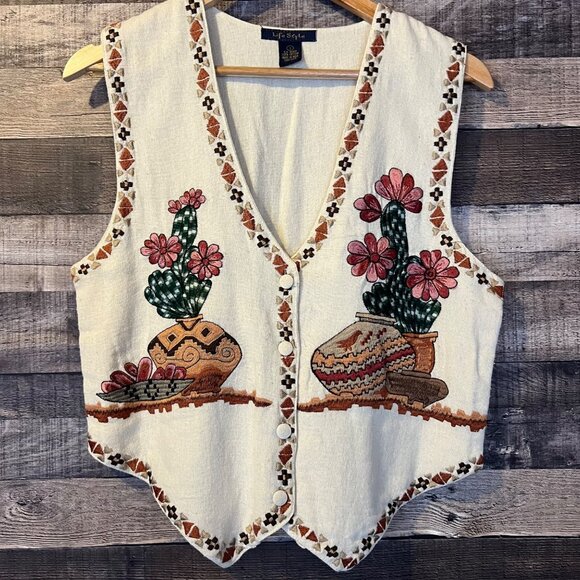 Vintage Jackets & Blazers - Vintage Life Style Embroidered Cactus & Pottery Vest S Western Rare Art to Wear